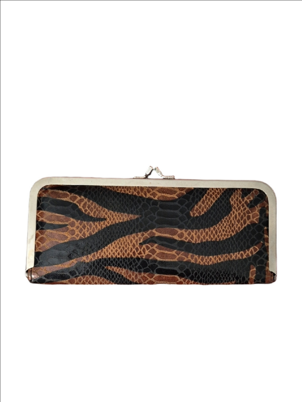 Animal Print Kiss-Lock Clutch Wallet in Brown and Black Faux Vegan Leather
